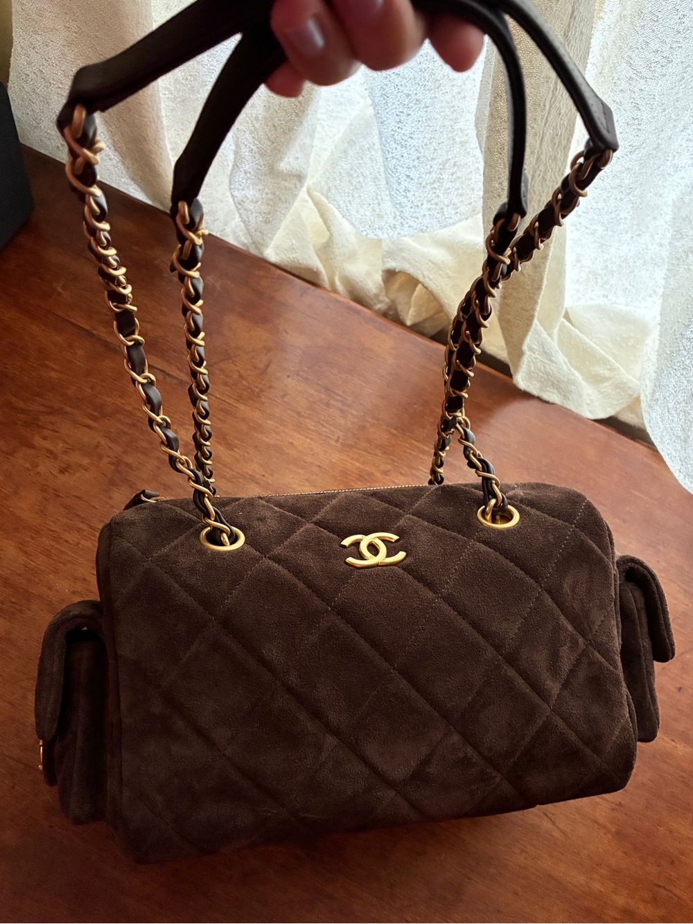 CHANEL Brown Quilted Suede Bowling Shoulder Bag with Gold Hardware